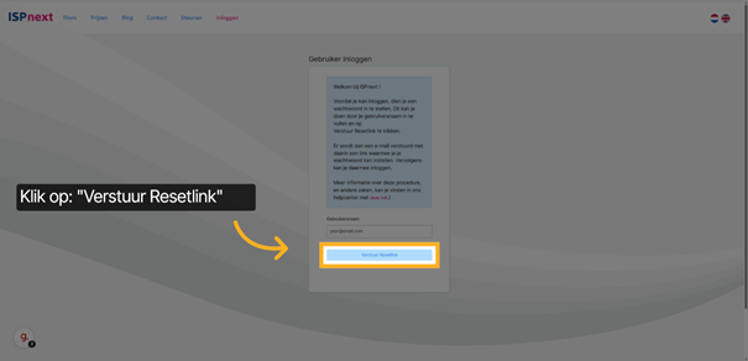 Klik op "Verstuur resetlink"